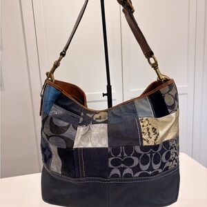 Coach Patchwork Signature Shoulder Bag in Blue, Brown and Cream